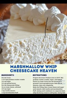 an advertisement for marshmallow whip cheesecake heaven