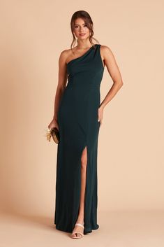 This one-shoulder gown features raised neckline, perfect for bridesmaids who favor a modest look. Available in Emerald. 21st-century Grecian goddess. | Emerald Bridesmaid Dress Crepe Size XS | Birdy Grey Kira Emerald Bridesmaid Dress, Crepe Bridesmaid Dress, Emerald Bridesmaid, Modern Bridesmaid Dresses, Emerald Green Bridesmaid Dresses, Bridesmaid Gown Chiffon, Emerald Bridesmaid Dresses, Modern Bridesmaid, One Shoulder Bridesmaid Dresses