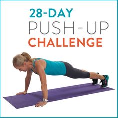 a woman is doing push up on a purple mat with the words 28 day push - up challenge