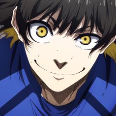 an anime character with yellow eyes and black hair, looking at the camera while wearing a blue shirt