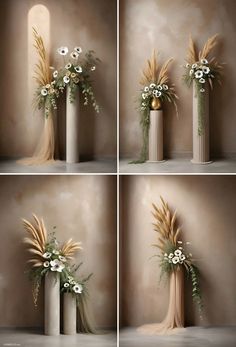 four different shots of flowers in vases on the floor, and one with long hair