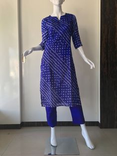 Bandhani Stitched Salwar Suit Dress Royal Blue Summer Wear - Etsy Bandhani Dress Salwar Kameez, Bandhani Kurti Designs, Bandhani Dress Party Wear, Saree Dress Design Ideas, Straight Kurti Designs, Bandhani Suit, Cotton Dress Pattern, Kurti Styles