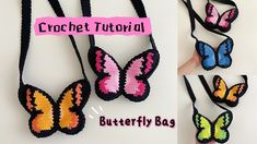 the crochet butterfly bag is being displayed with instructions for how to make it