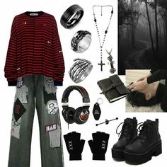 Emo Enby Outfits, Outfit Boards Grunge, Metalhead Winter Outfit, Cool Punk Outfits, Athstetic Clothing, Delinquent Aesthetic Outfit, Grunge Nonbinary Outfits, Emo Looks Outfits, Grunge Tomboy Outfits