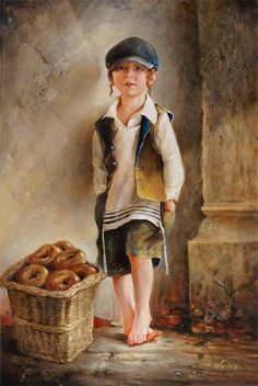 a painting of a boy standing next to a basket of doughnuts