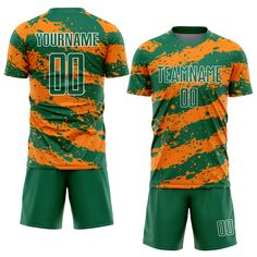 an orange and green soccer uniform with the name teamname 00 written on it in white