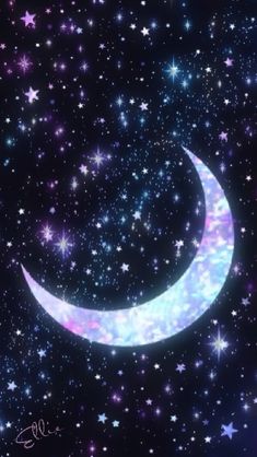 a crescent moon and stars in the night sky with blue, purple, and pink hues