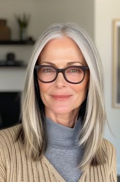 Sleek and Straight with Blunt Ends 2 Grey Long Hair Styles, Hair Parted In The Middle Hairstyles, White Hair With Lowlights Older Women, Gray Hair Styles For Women Over 60 Grey, Straight Grey Hair, Long Layered Straight Hair, Grey Hair And Glasses, Grey Hair Over 50, Best Hairstyles For Women