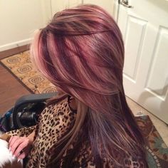 Colored Highlights Black Women, Blonde And Burgundy Hair Peekaboo, Crazy Hair Colour Ideas, Cherry Coke Hair Color With Blonde Highlights, Diff Hair Colors, Blonde Hair Dip Dyed, Fun Hair Inspo Color, Red Root Hair, Hair Color Combo Ideas