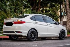 the rear end of a white car parked in front of a tree lined street with lots of trees