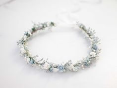 This beautiful flower crown is a lovely accessory, perfect for a party, or wedding. Our stunning faux flowers look like the real. Head circumference: one size fits all (adjustable) / fits adults and older children If the crown should fit the baby, after buying please give head circumference Blue And White Flower Crown, Dusty Blue Wedding Flowers, Dainty Flower Crown, Flower Crown Blue, Blue Flower Necklace, Headband Bride, Blue Flower Crown, Aquarium Wedding, Flower Girl Headband