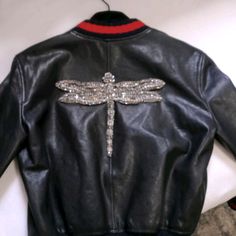 Size 42 Like New Condition Bought Fall 2016 Designer Gucci Leather Outerwear, Luxury Fitted Gucci Leather Jacket, Gucci Embroidered Jacket, Gucci Leather Jacket, Fitted Embroidered Biker Leather Jacket, Embroidered Dragonfly, Camel Leather Jacket, Gucci Jackets, Fitted Embroidered Long-sleeved Leather Jacket