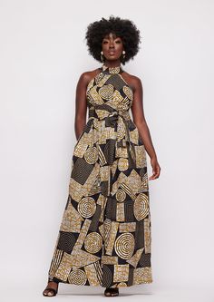 Style #1032BBG Be the Queen of elegance in our Ronke African print maxi dress in our Black Brown Geometric print. It is perfect for family picture day or a special event! Pair it with the matching head wrap. *﻿The head wrap pictured is sold separately* Description: • Long maxi dress with halter neck • Invisible zipper on center back • Hidden Side Pockets • Unlined • Attached sash • 100% African print cotton • Imported Care Instruction: Hand wash separately. Use mild detergent. Do not bleach. Ha African Wrap Dress, Halter Neck African Print Dress, Brown African Print, Black Ankara Fabric Maxi Dress, African Maxi Dress Ankara Afrikrea.com, African Attire Dresses D&d Clothing, Outfit Ideas For Black Women, Modern African Clothing, Printed Halter Dress