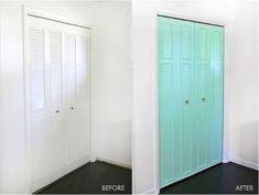 before and after photos of a white room with green door