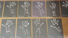 six handprints are arranged in rows on a table, with the words x and y written across them