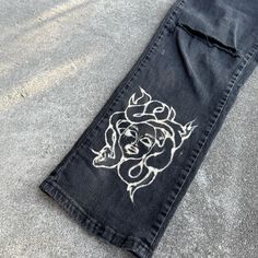 Custom Bleach Designed Jeans  Good Condition   Size: 12  #gothic #skull #medusa #snake  #spider Designed Jeans, Medusa Snake, Gothic Skull, Women's Jeans, Bleach, Size 12, Women Jeans, Clothes, Design