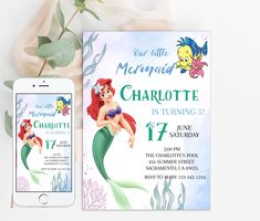 the little mermaid birthday party is on display next to an iphone