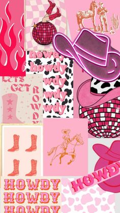 a collage of pink and red items with the words howdy horvy on them