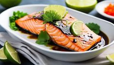 salmon with limes and cilantro in a white bowl