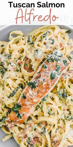 salmon and spinach alfredo on a plate with text overlay that says, how to make