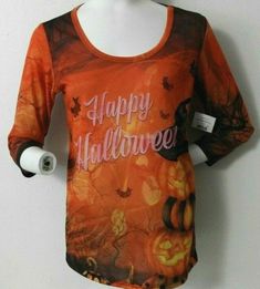 Jack-o'-Lantern SCARY STACK Happy Halloween TEE Women's Size S, M, L, XL, 2X NWT Orange Character Print Tops For Fall, Orange Tops With Character Print For Fall, Fall Orange Tops With Character Print, Novelty Character Print Tops For Fall, Spooky Cotton Halloween Top, Fun Halloween Tops With Sublimation Print, Orange Halloween Tops With Character Print, Halloween Long Sleeve Tops With Sublimation Print, Jack O Lantern Scary