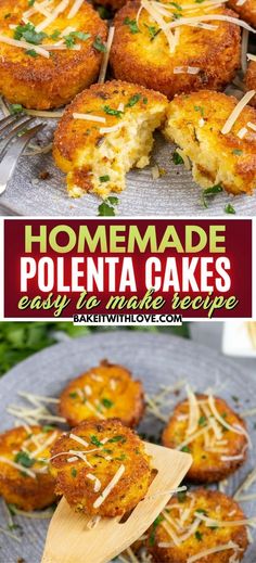 homemade polenta cakes with cheese and parmesan toppings on the top are shown