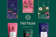 the packaging design for herteas is shown in four different colors and sizes, including pink