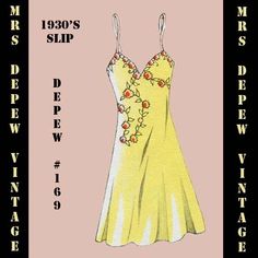 a yellow dress with flowers on it and the words miss slip written in black below