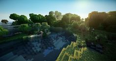 the sun shines on some trees and water in this minecraft landscape creation video game