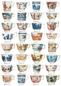 a large collection of cups and saucers with pictures on the sides, all in different colors