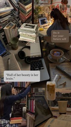 there is a collage of pictures with books and laptops on the table, one woman sitting at her desk