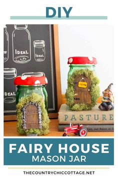 two mason jars with moss growing on them and the words, diy fairy house mason jar