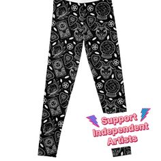 Super stretchy and durable polyester full-length leggings. Vibrant high-quality sublimation print across the front and back. Size range XXS-XL. A fun witchy gothic pattern to fill your house with! All designs drawn by me, please do not copy. Stretch Black Bottoms With All Over Print, Black Stretch Bottoms With All Over Print, Fitted Graphic Print Leggings For Streetwear, Casual Fitted Bottoms With Sublimation Print, Stretch Printed Streetwear Bottoms, Stretch Printed Bottoms For Streetwear, Gothic Pattern, Please Do, Designs To Draw