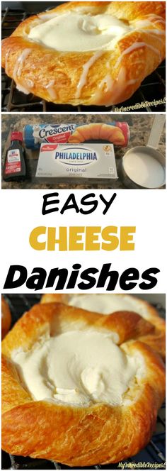 two pictures showing how to make cheese danishes with cream in the middle and on top