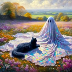 a painting of a black cat laying on top of a blanket in a field next to a ghost