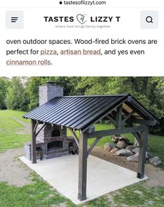 an outdoor fireplace and grill in the middle of a yard with text that reads, taste of lizzyt open outdoor spaces wood - fired brick ovens are perfect for pizza, artisan