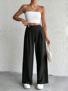 Pantalones de pierna ancha de lino beige para mujer petite Negro Casual   Tela tricotada Liso Pierna ancha No-Elástico  Women Clothing, size features are:Bust: ,Length: ,Sleeve Length: Beige Wide Leg Pants, Petite Women, Linen Women, Pants Black, All Fashion, Leg Pants