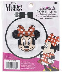 PRICES MAY VARY. Kit contains thread, 11 count white Aida, (1) 3'' hoop, (1) needle, and easy-to-follow instructions. Finished craft kit is 3''D This kids craft features the adorable Minnie Mouse with her classic red and white polka dot bow. This embroidery kit is the perfect craft for beginners. Hang up and display in your home or office! Minnie Mouse Cross Stitch, Mouse Cross Stitch, Minnie Mouse Head, Dimensions Cross Stitch, Diy Disney, Print Coupons, Disney Diy, Disney Crafts, Counted Cross Stitch Kits