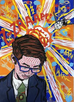 a painting of a man with glasses and a tie in front of an abstract background