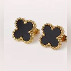 New Black Clover Stud Earrings Four-Leaf Clover Stainless Steel 14k Gold Plating Studs Size Is Shown On Pic Two As Example Of Sizing Only Only One Pair Of Black Earrings Will Be Sent. Matching Necklace And Bracelet Both Available In Closet Sold Separately Or Can Bundle All 3 For A Great Deal Luxury Black Jewelry, Luxury Black Pierced Earrings, Luxury Black Earrings For Evening, Elegant Black Earrings For Formal Occasions, Elegant Black Formal Earrings, Elegant Gold Earrings With Black Enamel, Black 14k Gold Earrings For Evening, Black Elegant Earrings For Anniversary, Elegant Black 14k Gold Jewelry