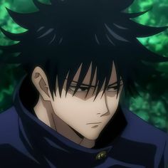 an anime character with black hair wearing a hoodie and looking at the camera while standing in front of trees