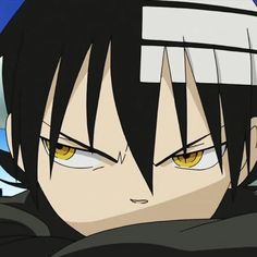 an anime character with black hair and yellow eyes looking at the camera while holding his arm over his shoulder