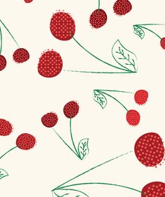 cherries on a white background with green leaves and dots are drawn by hand in red ink