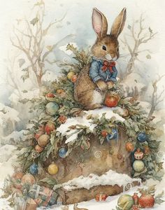 a watercolor painting of a rabbit sitting on top of a pile of christmas decorations