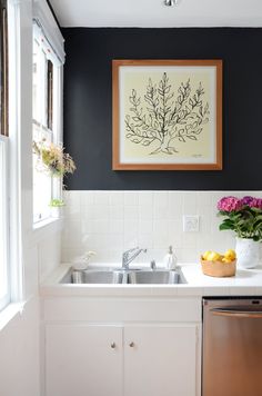 a kitchen with a sink, dishwasher and painting on the wall above it