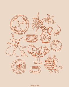 a drawing of different types of food on a beige background with the words caramela