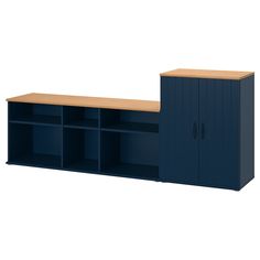 a blue storage unit with two doors and three shelves on each side, in front of a white background