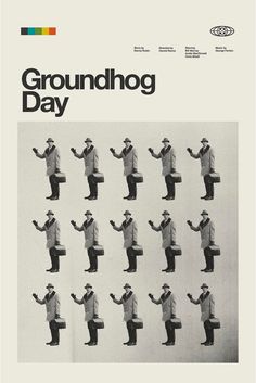 an advertisement for groundhog day featuring a man in a suit and hat with his arms outstretched