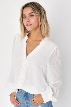 White Swiss Dot Top - White Long Sleeve Blouse - Button-Up Blouse - Lulus Swiss Dot Blouse, Delicate Crochet, White Long Sleeve Blouse, Lulu Fashion, Dot Design, Dots Design, Swiss Dot, Dot Tops, White Long Sleeve