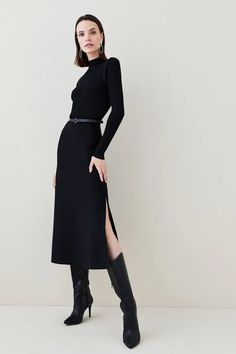 Hotfix Embellished Detailed Knit Mini Dress | Karen Millen Black Midi Dress Boots, Black Rib Knit Dress Outfit, Knee High Boots Corporate Outfit, Midi Dress With Boots Winter, Dress Belt Outfit, Knitted Skirt Outfit, Dramatic Wardrobe, Knit Skirt Outfit, Maria Rose